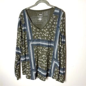 Sonoma Everyday Tee Plus Size XXL 2XL Top Long Sleeves Floral Blue Green Gold